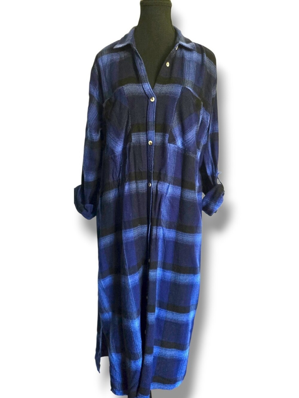 Hatley Plaid Button Down Shirt Dress Blue Check Roll‑Tab Sleeve XL Rustic Tunic